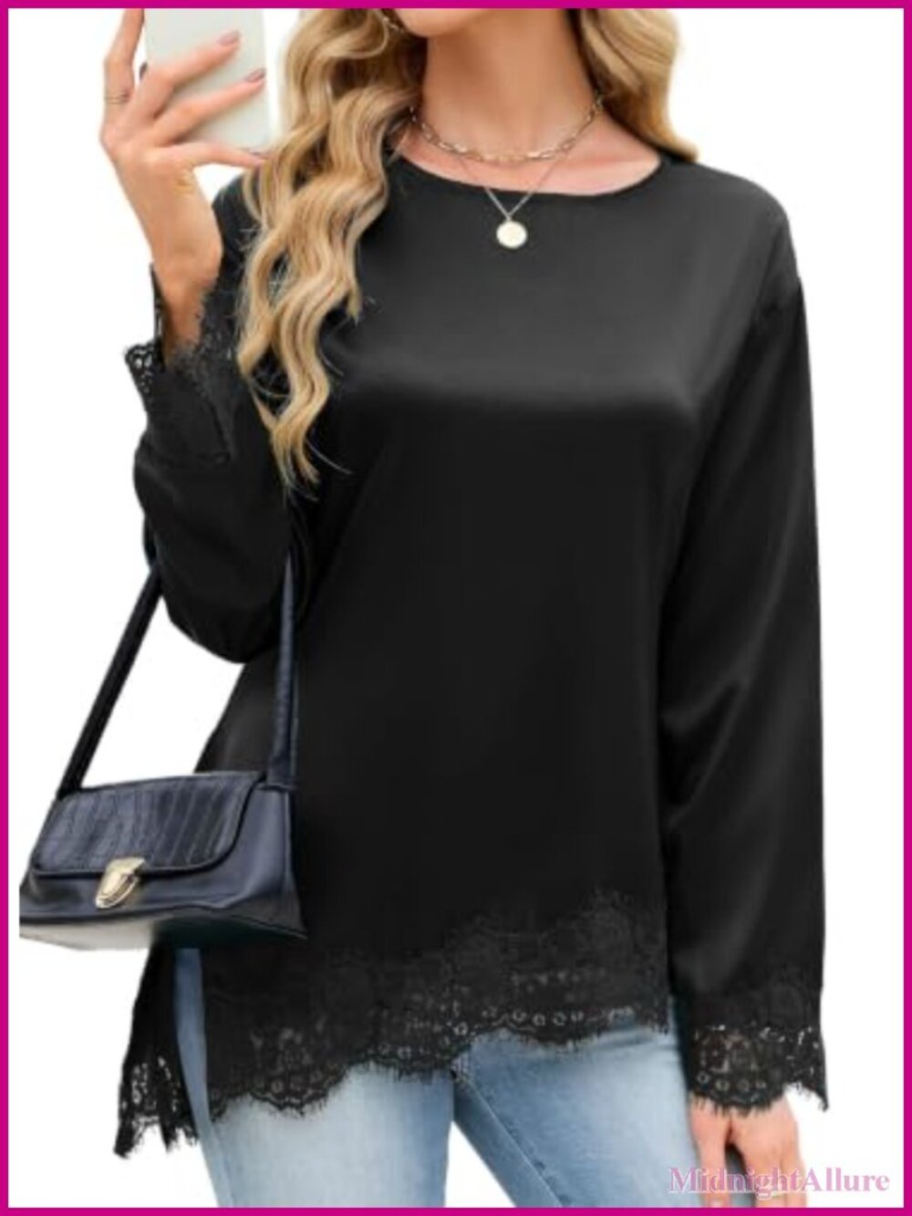 Women's Lace Cuff Satin Blouse Long Sleeve Asymmetrical Top